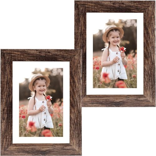 5x7 Picture Frame Wood Patten Rustic Brown Set of 2, Each Frame with Mat,Display 5x7 Picture Without mat or 4x6 Photos with Mat Wall Decor Table Top(CP002-MD5x7BR)