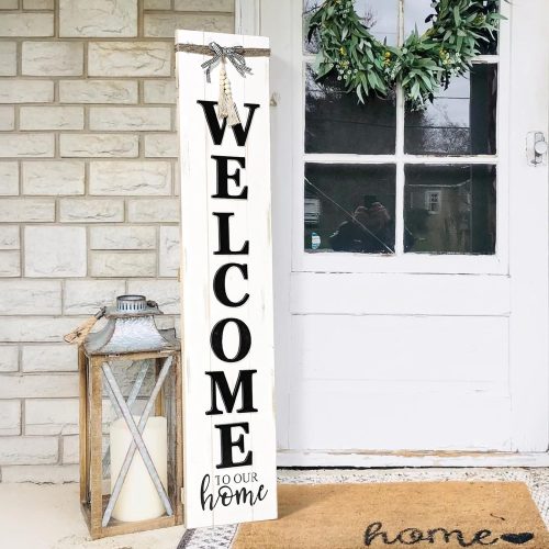 Large Vertical Welcome Sign for Front Door Porch, 47x10 Inch Solid Wood Farmhouse Porch Decor, 3D Raised Letters Rustic Welcome to Our Home Sign with Beads & Bow, No Assembly Required, Whitewashed