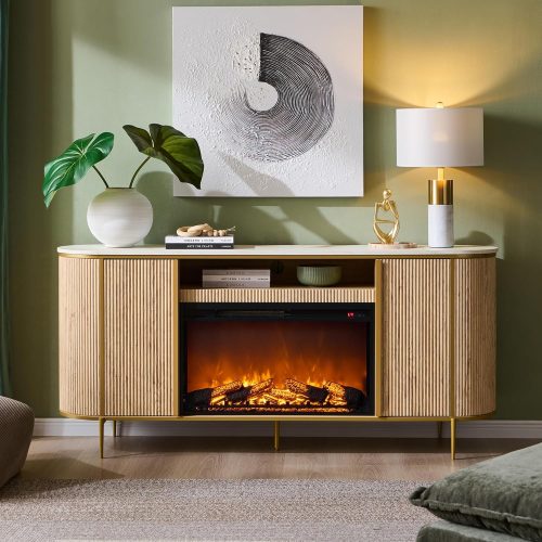 Luxury 70" Fluted Fireplace TV Stand, Modern Chic Entertainment Center for TVs Up to 80 inches, TV Console with Faux Marble Top, Curved Profile Design, Media Console for Living Room, Natural Oak