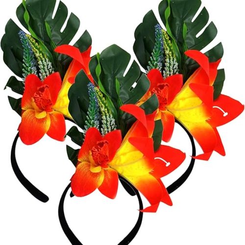 Needzo Hibiscus Flower & Palm Leaves Headband, Beach Vacation & Costume Party Hair Accessories, One Size Fits Most, (3 Pack)