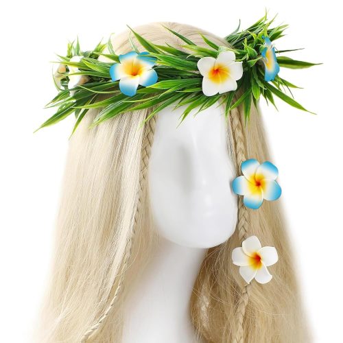Hawaiian Flower Crown Set - 3 Pcs Hawaii Floral Headband and Tropical Plumeria Hair Clips for Women Girls Lei Luau Beach Pool Party Costume Accessories Headpiece Summer Wedding Headdress