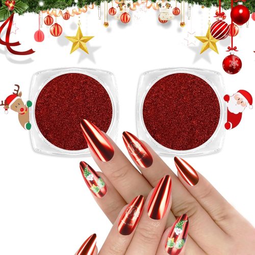 1 Red Chrome Nail Powder, 2pcs Metallic Mirror Effect Dust Glitter Glazed Manicure Decoration Reflective Pigment for Gel Polish Valentines Nails Christmas Decoration- Red