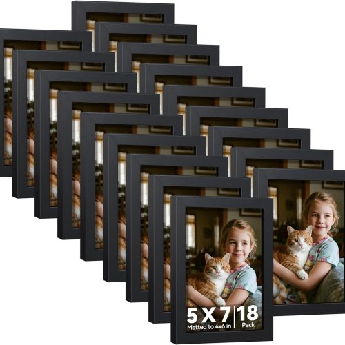 5x7 Picture Frames Set of 18, Black Photo Frames, Display Pictures 5x7 without Mat or 4x6 with Mat, Wall Hanging Photo Frame or Tabletop Display