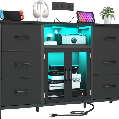 1 Dresser for Bedroom with Charging Station & LED Light, Black 6 Drawer Dresser with Adjustable Feet, Wide Anti-Tip TV Stand for 60" TV, Fabric Chest of Drawer Storage Organizer for Living Room