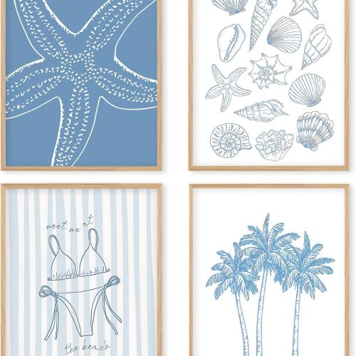 Boat Wades Beach Coastal Shell Unframed Wall Art Prints,seashell Beach Coastal Posters & Prints Wall Art Decor,Seashell Trendy Wall Decor For Lake House Dorm Bedroom Decorations 8x10 Set Of 4