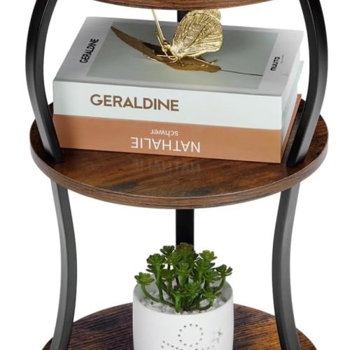 Vintage Small Round Side Table, 3-Tier Slim Waist Circular End Table with Storage Shelf, Compact Tea Sofa Table, Round Corner Coffee Table Nightstand for Living Room Bedroom Small Spaces,Rustic Brown