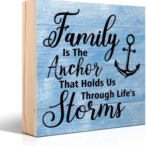 Family Is The Anchor That Holds Us Through Life's Storms Wood Box Sign, Farmhouse Style Wood Wall Nautical Home Decor Sign, Inspirational Family Gifts for Men Women Mom Dad