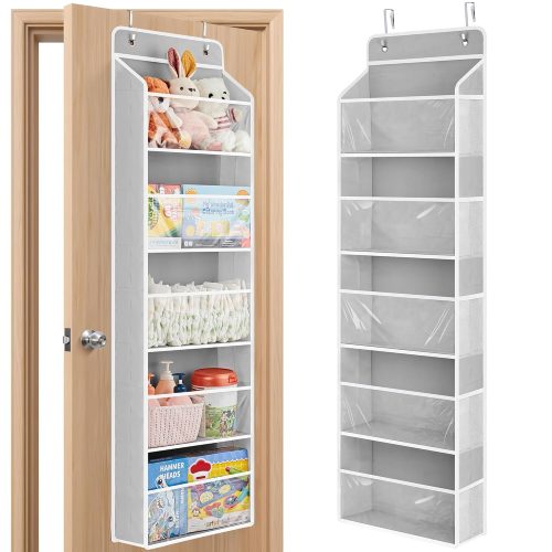 Toy Stuffed Animal Storage, Over The Door Organizer W/Clear View Windows, 44lb Load, Baby Toy Storage Organizer for Nursery, Kid Bedroom, Newborn Baby Essentials (Light Grey)