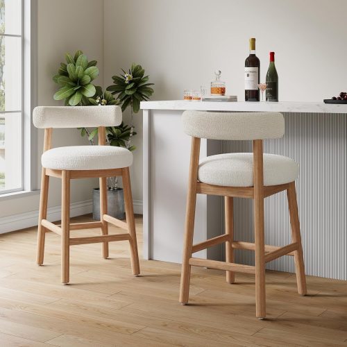 1 Annes Counter Height Bar Stools Set of 2, Boucle Fabric Round Bar Stool for Kitchen Island, Wooden Dining Room Chair, Counter Stool with Footrest, Natural+Milky White