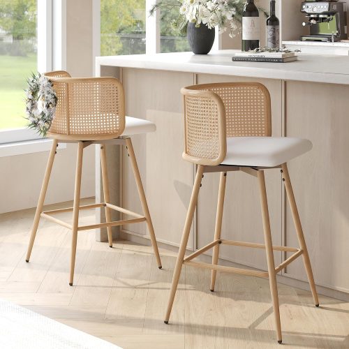 Swivel Rattan Bar Stools Set of 2, 26” Counter Height Stools with Natural Rattan Woven Back and Faux Leather Seat, Mid-Century Modern Island Chairs Barstools for Kitchen, White (2)
