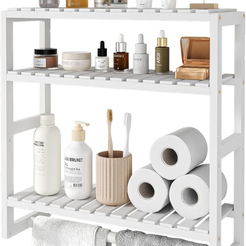 Over The Toilet Storage Bathroom Shelves Wall Mounted 3 Tier Space Saver Corner Shelf Organizer Bamboo Towel Rack Toilet Paper Cabinet with Hanging Rod White
