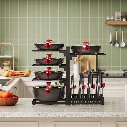 pots and Pans Organizer Under Cabinet, Pot and Pan Organizer Rack, Two-Sided Cookware Holder with Lid Storage, Adjustable Pan Organizer, Pot Holders, for Kitchen, Black
