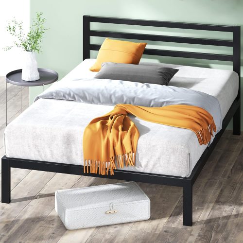Mia Metal Platform Bed Frame with Headboard, Wood Slat Support, No Box Spring Needed, Easy Assembly, Queen