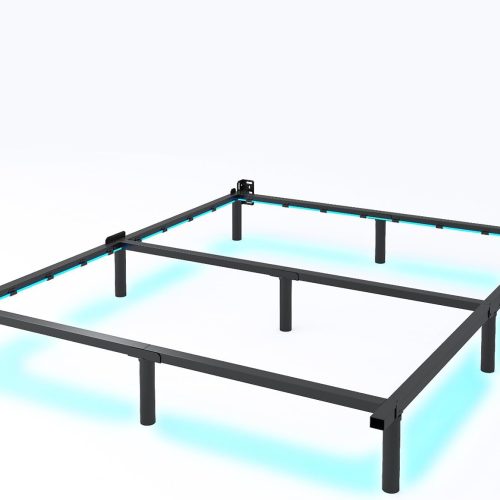 Queen Bed Frame for Box Spring, 7 Inch Metal Bed Frame with LED Lights, 9-Legs Support Bed Base, Tool-Free Easy Assembly