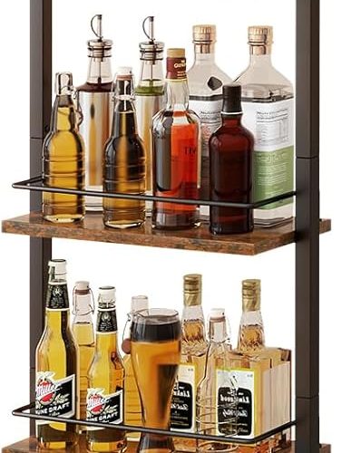 1 5-Tier Freestanding Wine Racks,Liquor Bottle Display Shelf with Fences, Wall Mounted Floating Shelf Storage Stand for Kitchen, Dining Room, 16.93''L x 7.87''W x 69.68''H Vintage Brown UHWR001H