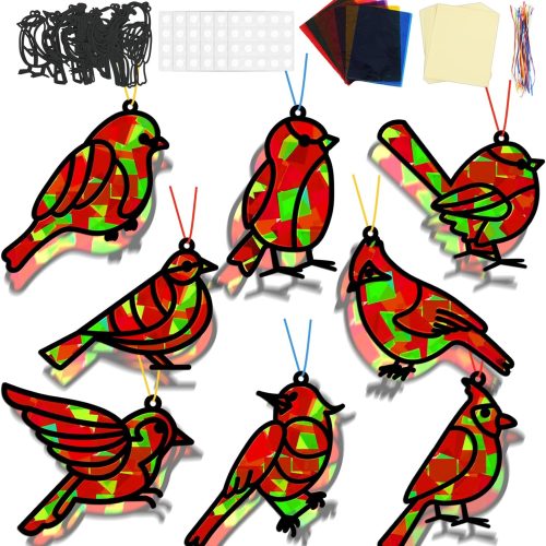 32 Sets Bird Suncatchers Craft Kit DIY Birds Window Stained Glass Effect Paper Spring Home School Classroom Decoration Art Craft Creative Activity Project Kid Gift Favor