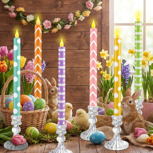 6 Pcs Easter Flameless Taper Candles 10.6 Inch Colorful Candles Battery Operated LED Candlesticks for Easter Dinner Table Home Party Decor