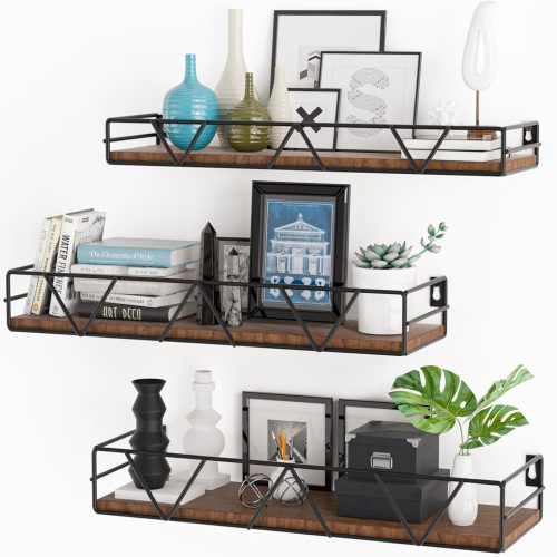 1 Floating Shelves Set of 3, Home Wood Wall Shelf, Farmhouse Shelf for Bedroom, Wall Mounted Floating Shelf for Living Room, Bedroom, Bathroom, Kitchen, Office (Black)