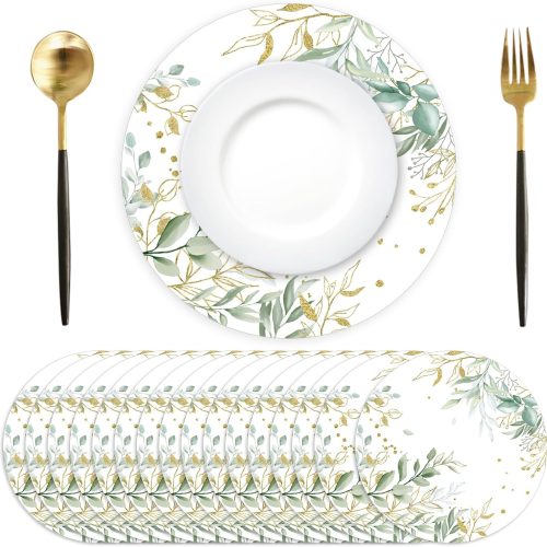 Paper Placemats Disposable 50 Pack Green Eucalyptus Leaves Place Mats 13.4 Inch Round Decorative Greenery Table Mats for Bridal Baby Shower Wedding Birthday Spring Party Dining Supplies