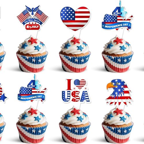 36pcs 4th of July Cupcake Toppers - Wrappers Independence Day Cupcake Toppers Red White Blue Glitter Food Picks for Independence Day Party Decorations