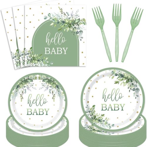 96 Pcs Sage Green Baby Shower Plates and Napkins, Neutral Baby Shower Disposable Dinnerware Set for Eucalyptus Leaf Baby Girl Boy Party Tableware Serves 24