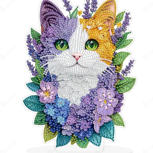 Tabletop Diamond Art Painting Ornament Animal, DIY Double Sided Acrylic Diamond Art Board on Stand Kit for Adults ﻿ (Purple Cat)