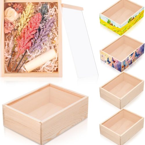 6 Pcs Unfinished Wood Boxes, Small Rectangle Crates Wooden Box with Lid for DIY Birthday Party Favor Gift Supplies (7.8 x 6 x 2.8 Inch)