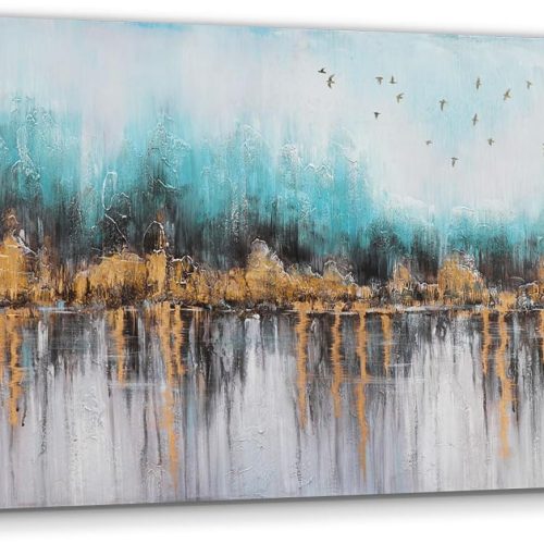 Teal and Gold Abstract Canvas Wall Art 40"x20" - Textured Modern Painting, Hand-Painted Blue Green Artwork for Living Room, Bedroom, Home Office Decor