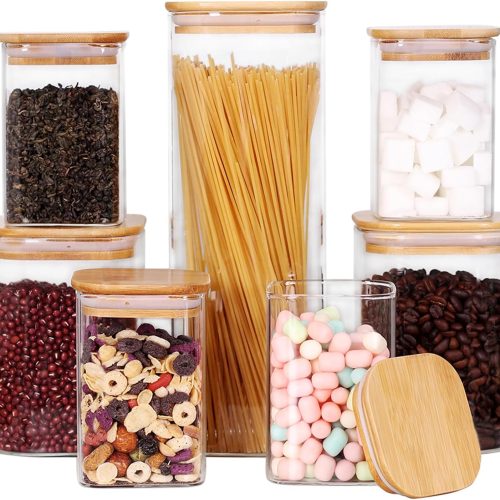 Glass Storage Canister with Wooden Lid, Set of 7 Square Glass Jars with Bamboo Lids, Glass Food Storage Containers for Pasta, Cereal, Flour, Sugar, Best for Kitchen & Pantry