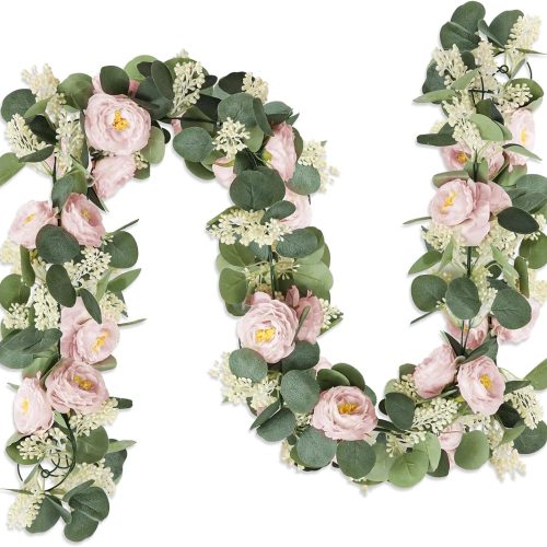 2 Pcs Pink 6.6Ft Artificial Eucalyptus Flower Garland with Fake Rose Flower Vine Seeded Eucalyptus Leaves Greenery Garland for Wedding Table Backdrop Party Centerpiece Room Decor (Pink)