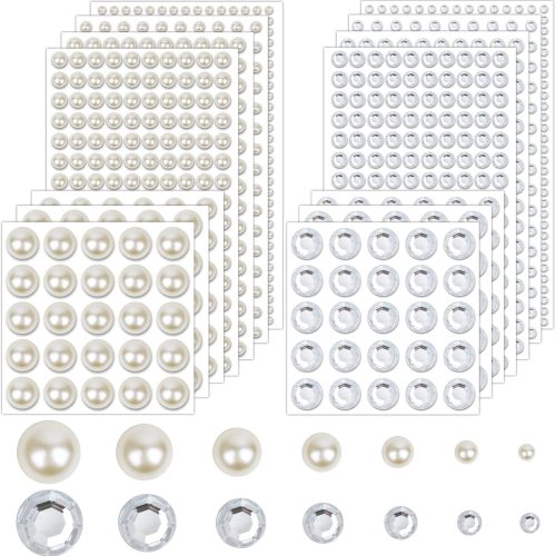 2032 Pieces Self Adhesive Hair Gems and Hair Pearls, Face Pearls and Jewels Stickers for Makeup, Crafts, Home Decor Scrapbooking Embellishments, 7 Sizes 3mm/4mm/5mm/6mm/8mm/10mm/12mm