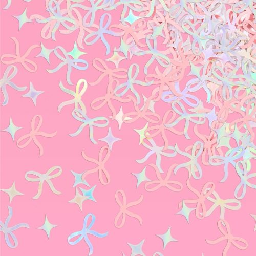 Bow Confetti - 200 pc | Bachelorette Party Pink and Iridescent, Engagement Party Decoration, Tying the Knot Table Decor, Bride To Be Coquette Ribbon Bridal Shower Supplies