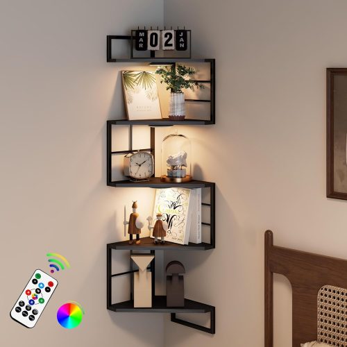 1 Floating Corner Shelves with Light - 5 Tiers Metal Corner Shelf Wall Mounted for Bedroom Living Room Office Kitchen, Easy-to-Assemble Corner Wall Shelves, Black