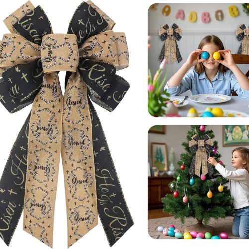 Large Easter Bow for Wreath, He is Risen Religion Christian Cross Wreath Bow for Front Door Indoor Outdoor Wall Tree Topper Decoration Party Supplies Hanging Ornament Christian Themed Bow