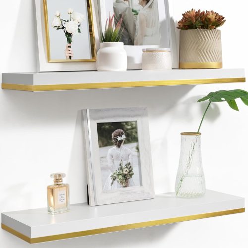 Floating Shelves for Wall,Large Deep Hanging Shelves White and Gold,24 Inch Long Wall Mounted Shelves with Invisible Brackets for Living Room Bathroom Bedroom Kitchen Shelf Decor,Set of 2