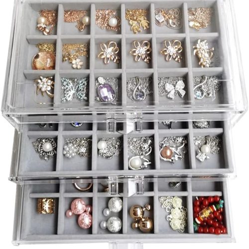 Earring Organizer Box Acrylic Jewelry Organizer with 3 Drawers 54 Adjustable Grids Clear Stackable Earring Holder Velvet Trays Ring Display Case for Women Girls (Gray)
