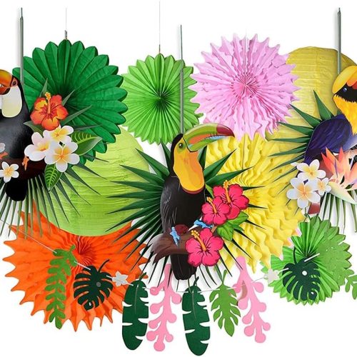 1 Toucan Luau Decorations Tiki Party Decorations Tropical Garland Bird Kit for Summer Palm Tree Decor Hawaiian Jungle Themed Party Decors with Paper Palm Leaves Paper Fan Lanterns