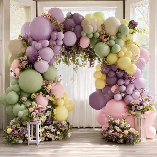 Purple Green Pink Balloon Arch Double Stuffed Dusty Green Lavender Light Yellow Sand Latex Pastel Lilac Balloon Garland Kit for Baby Shower Wedding Birthday Valentine Floral in Bloom Party Decoration