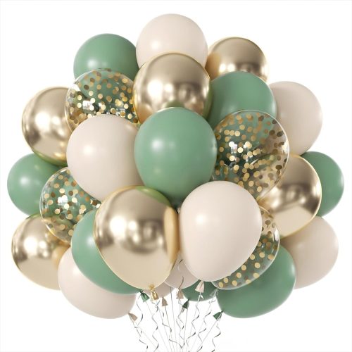 Sage Green Gold Balloons - 50 pcs 12 inch Olive Green Sand White Metallic Gold Confetti Balloons for Birthday Baby Shower Wedding Bridal Shower Party Decorations