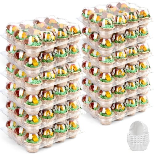(12 Count x 12 Sets) Cupcake Containers with 144 Liners, Thick Plastic Cupcake Boxes Holders, BPA Free, Disposable Cupcake Carrier with Detachable Tall Dome Lid