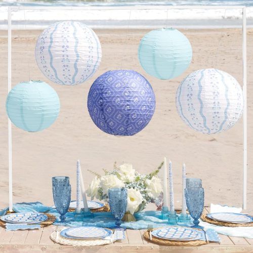 Blue Coastal Paper Lanterns - 6 pcs. | Beach Party Decorations, Bachelorette Lights, Nautical Birthday Tablescape, Seaside Shower Centerpiece