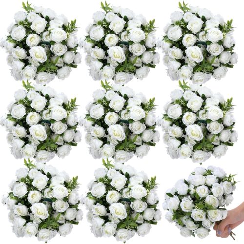8 Pack 12 Inch Wedding Artificial Mini Rose Bouquet White Silk Flowers Bunches Bulk Fake for Valentine Wedding Bridal Home Office Garden Parties Decoration