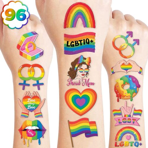 1 96PCS Happy Pride Month LGBT Rainbow Flag Pre-Cut Temporary Tattoos for Kids | Super Cute Themed Birthday Party Favors, Supplies, Decorations, Fake Tattoo Stickers, School Rewards & Gifts Boys & Girls