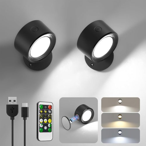 1 LED Wall Mounted Lights 2 Pcs with Remote, Wall Sconces Lamp 3000mAh Rechargeable Battery Operated, 3 Color Temperatures & Dimmable Magnetic 360° Rotation Cordless Light for Bedroom Bedside