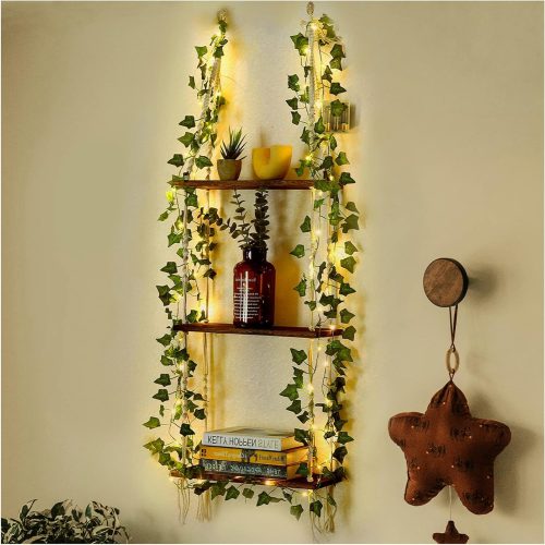 Hanging Shelf with Vine Lights(USB Powered), Macrame Shelf, Wall Shelf with Handmade Ropes, 3 Tier Floating Shelf, Boho Room Decor Aesthetic for Succulents, Bedroom, Living Room, Bathroom