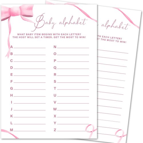 Baby Alphabet Games, Pink Bow Baby Shower Games Activity Gender Reveal Party Supplies, 30 Double-Sided Game Cards ( 5x7" )-p14