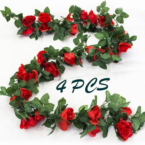 4 Pack Artificial Rose Vine Garland Fake Roses Flowers Plants Vines Hanging Floral Leaves Decoration for Wedding Party Table Garden Arch Wall Home Room Decor(Red)