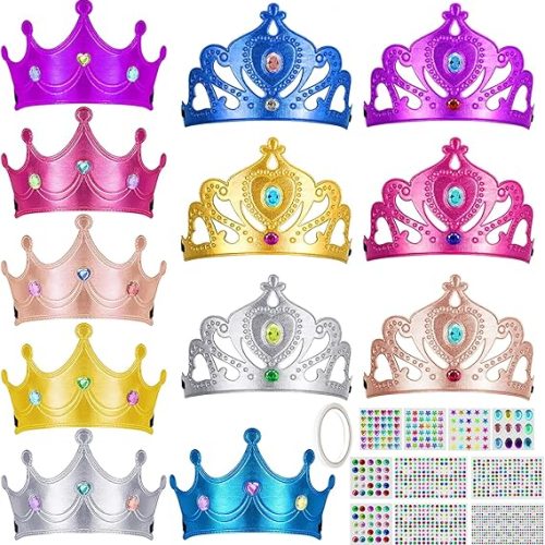 1 12 Pieces Foam Tiaras and Crowns with Gem Diamond Stickers for DIY Your Own Princess Queen Tiaras Prince King Crowns Kids Birthday Party Hats(Hundreds of Self-stick Gems and 1 Adhesive Tape)