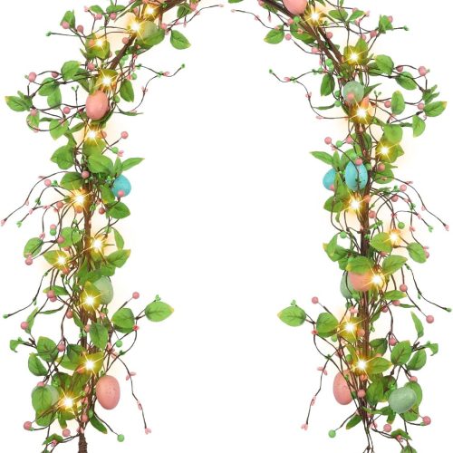 1 6 ft Artificial Easter Egg Garland with LED Mixed Berry Hanging Rustic Spring Easter Garland String for Mantle Kitchen Fireplace Wall Window Home Indoor Outdoor Decor