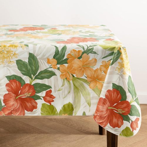 Home Fashions Callisto Tropical Floral Water- and Stain-Resistant Vinyl Tablecloth with Flannel Backing, 60 Inches X 102 Inches, Rectangle, Yellow
